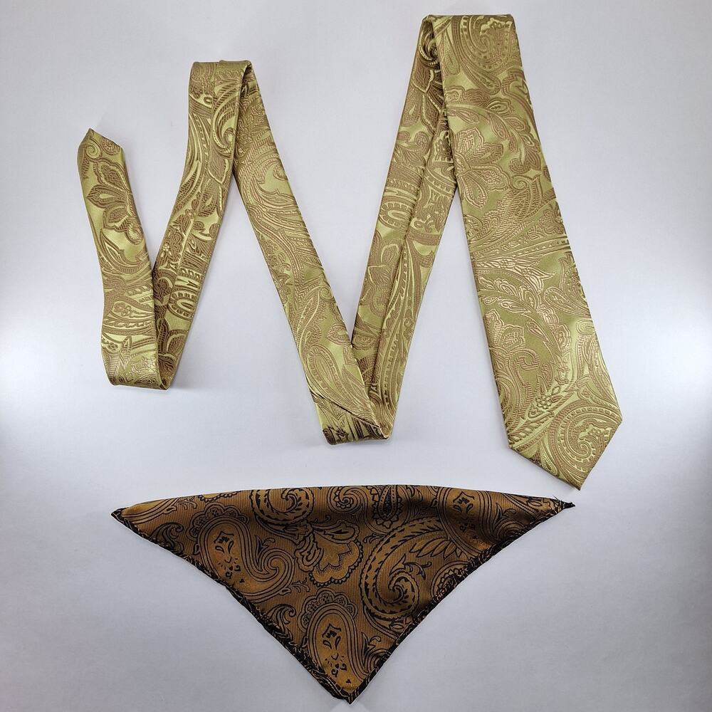 Barry Wang Necktie Mens Gold Floral Pattern Silk Handkerchief Paisley Reversible